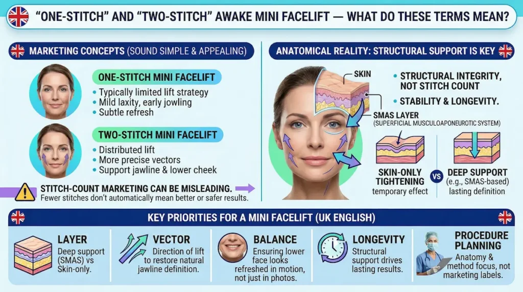 Infographic explaining one-stitch and two-stitch techniques in an awake mini facelift, highlighting SMAS support, lift vectors and longevity.