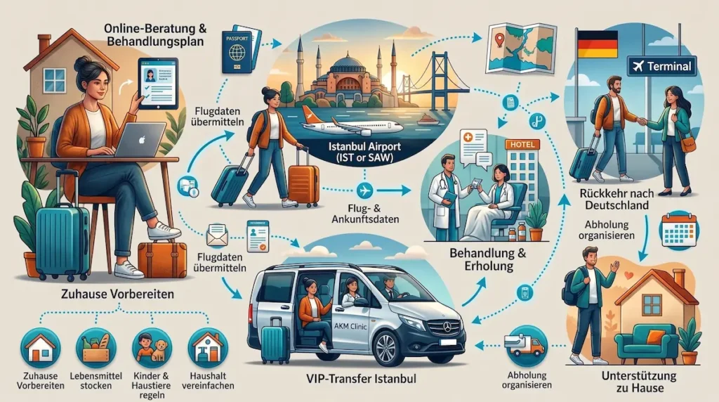 Allein zur OP nach Istanbul: Grafik zur Reiseplanung mit Online-Beratung, Flugdaten, VIP-Transfer, Behandlung und Rückreise.