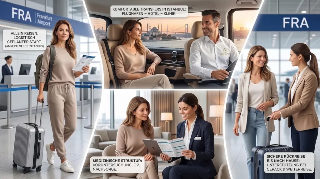 Patientin reist allein zur OP nach Istanbul und wird bei Flughafen, Transfer, Voruntersuchung und Rückreise koordiniert begleitet.