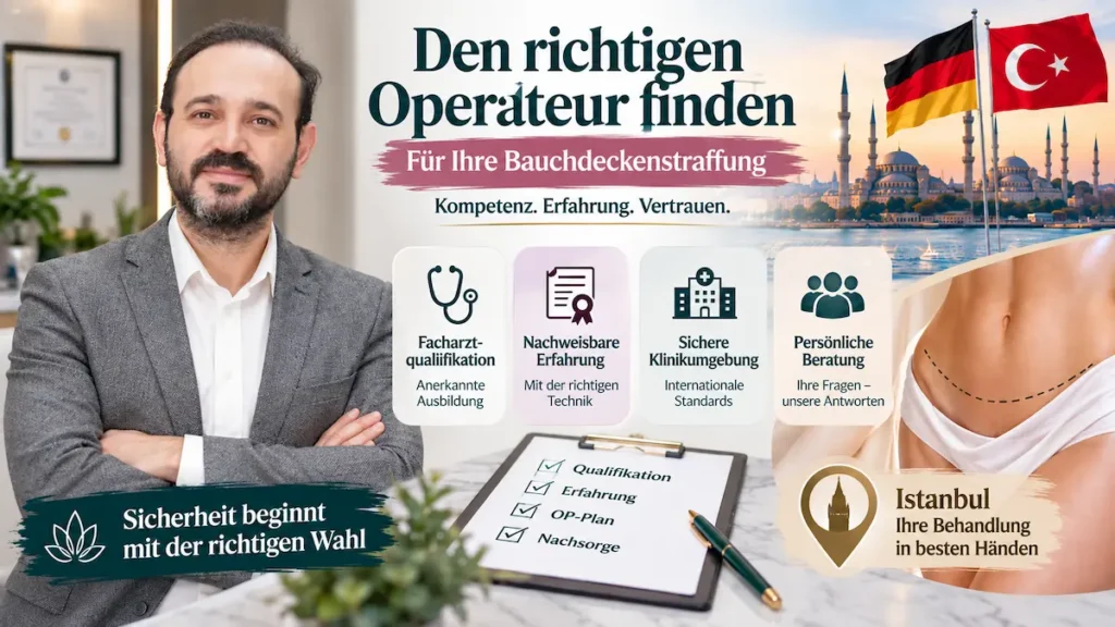 Bauchdeckenstraffung Türkei: Infografik zur Wahl des Operateurs mit Facharztqualifikation, Erfahrung, Klinikumgebung und Beratung.