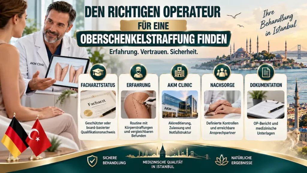 Oberschenkelstraffung Türkei: Kriterien zur Operateurwahl mit Facharztstatus, Erfahrung, Klinikstandard, Nachsorge und Dokumentation