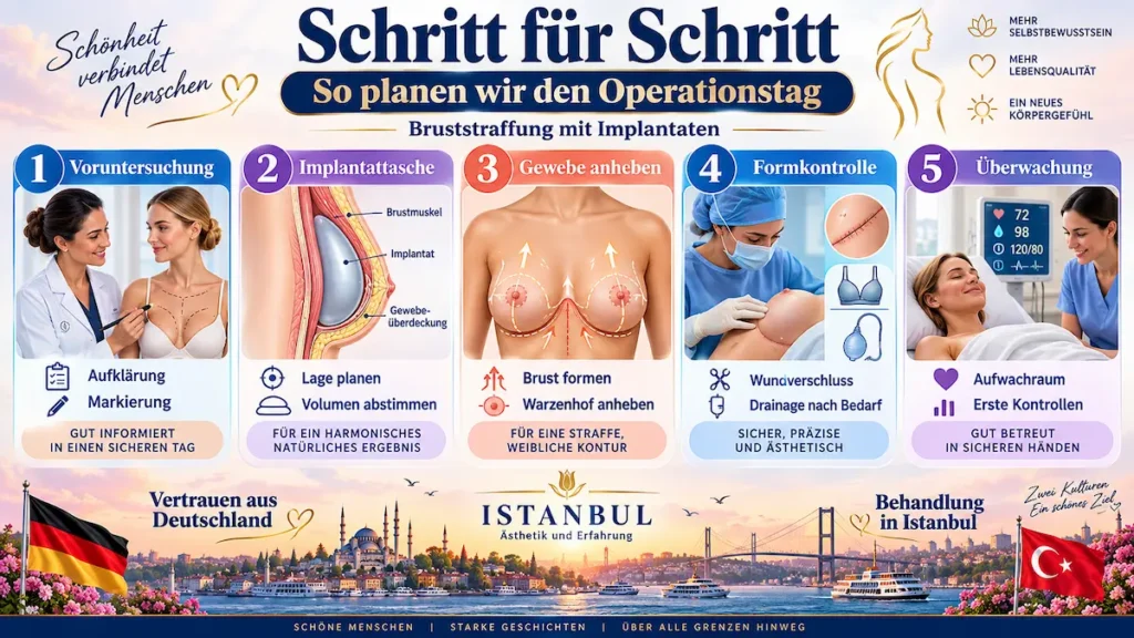 Schrittweise Planung des Operationstags bei einer Bruststraffung mit Implantaten – von der Vorbereitung bis zur Nachsorge.