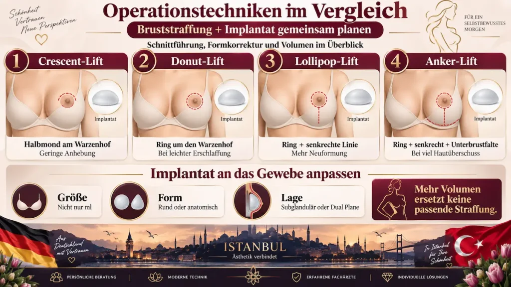 Vergleich der Operationstechniken bei einer Bruststraffung mit Implantaten zur gemeinsamen Planung von Straffung, Schnittführung und Volumen.