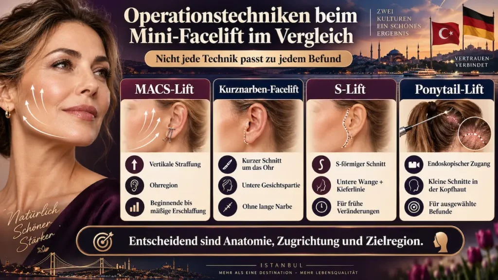 Mini-Facelift Techniken im Vergleich: MACS-Lift, Kurznarben-Facelift, S-Lift und Ponytail-Lift mit Schnittführung und Eignung.