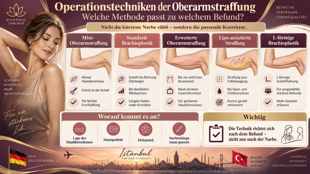 Oberarmstraffung in der Türkei: Vergleich von Mini-, Standard-, erweiterter und lipo-assistierter Brachioplastik sowie L-förmiger Technik.