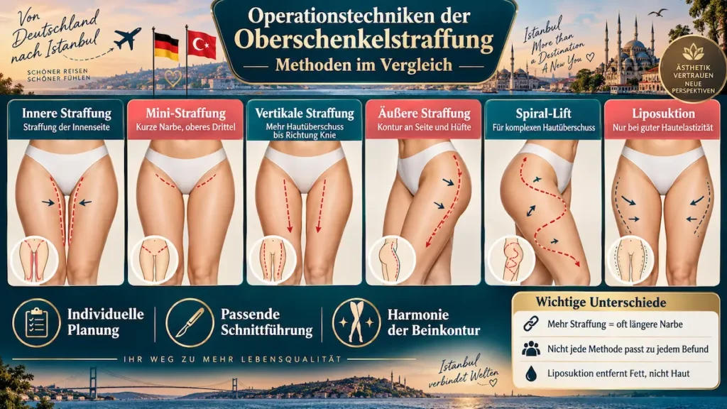 Oberschenkelstraffung Türkei: Vergleich von innerer, Mini-, vertikaler, äußerer und Spiral-Straffung sowie Liposuktion