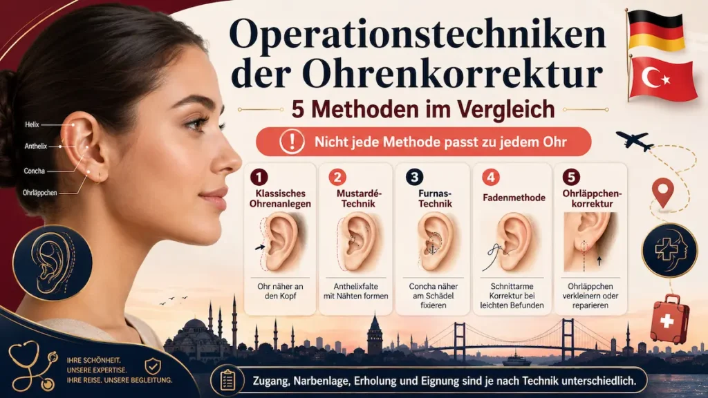 Ohrenkorrektur im Vergleich: fünf Operationstechniken mit Mustardé, Furnas, Fadenmethode und klassischem Ohrenanlegen.