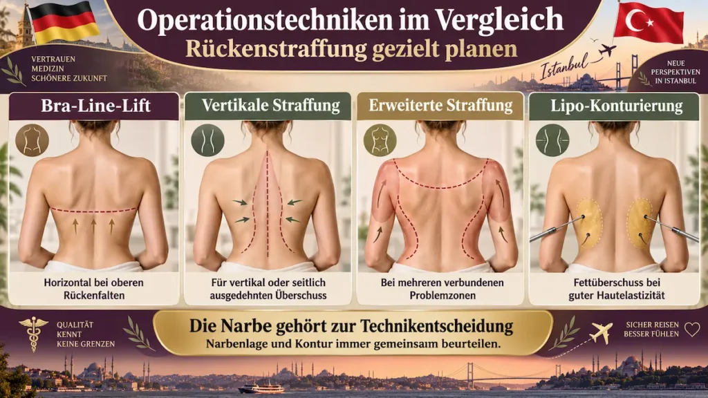 Rückenstraffung Türkei: Bra-Line-Lift, vertikale Straffung, erweiterte Straffung und Lipo-Konturierung im Vergleich