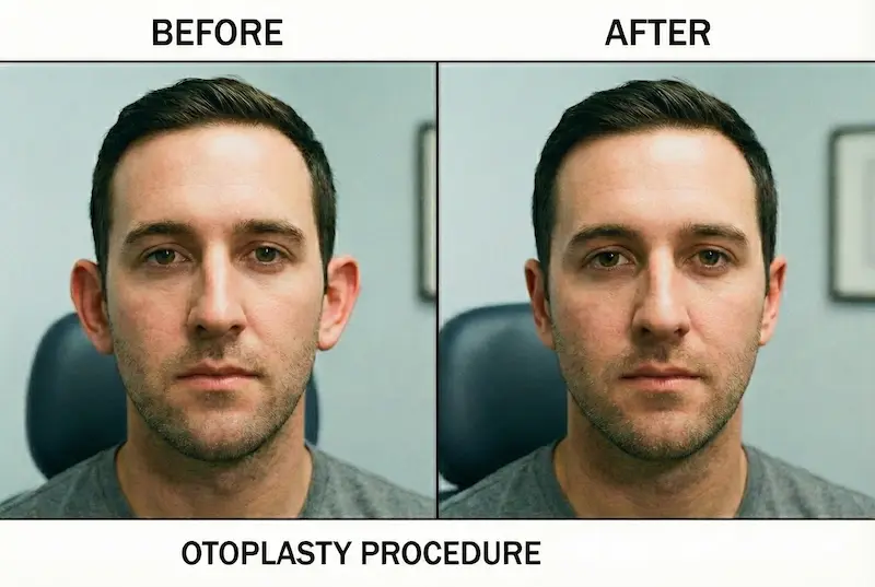Otoplasty (Ear Surgery) before-and-after photo showing reduced ear prominence and improved facial symmetry.