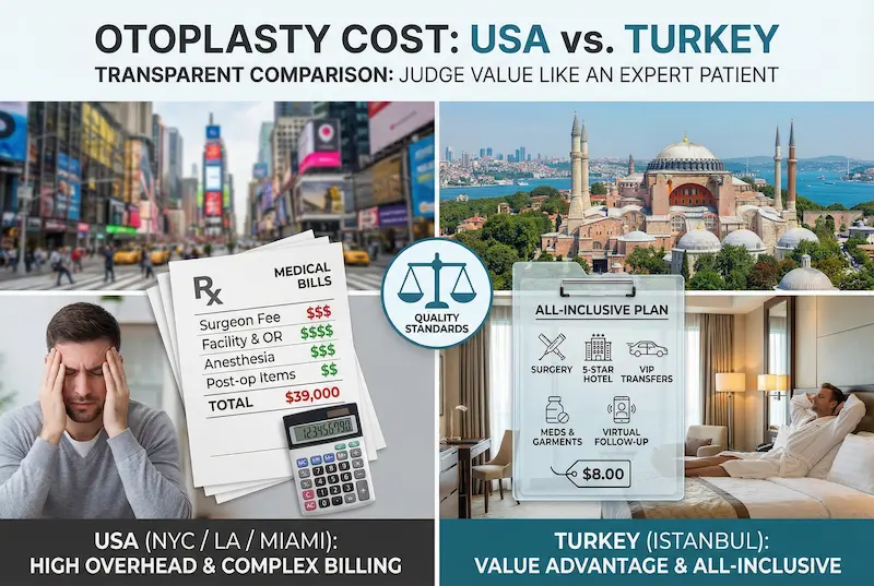 Otoplasty (Ear Surgery) cost comparison graphic showing USA vs Turkey pricing factors and all-inclusive Istanbul package value.