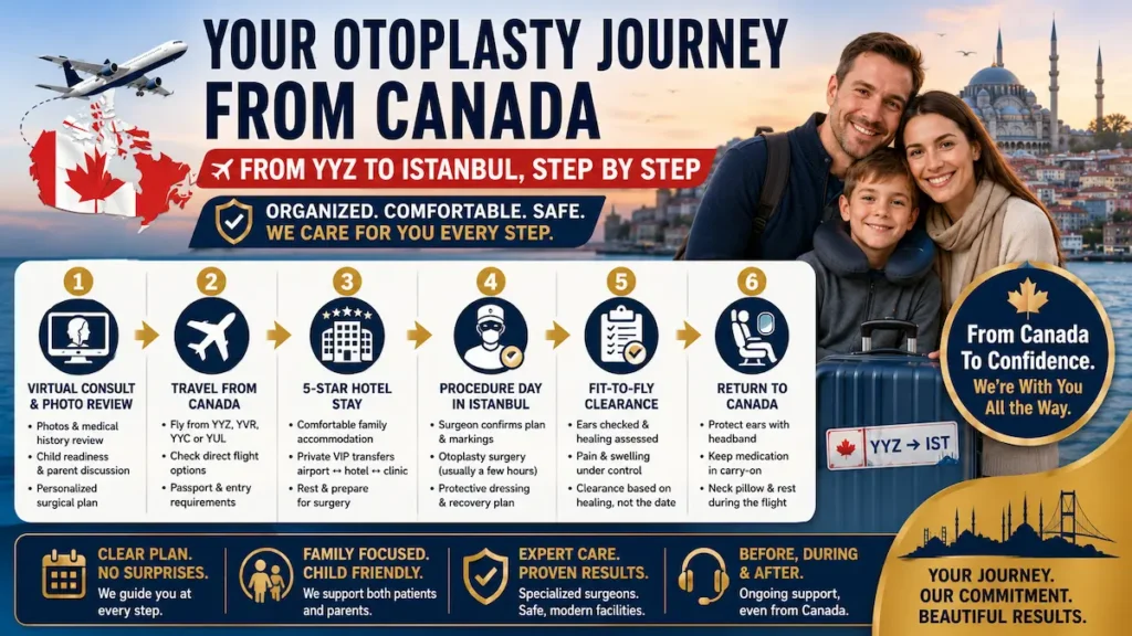 Otoplasty journey from Canada to Istanbul infographic showing consultation, travel and recovery steps