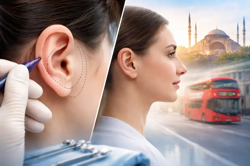 Otoplasty ear surgery concept showing pre-op ear marking and natural profile result, linking UK travel to Istanbul treatment.