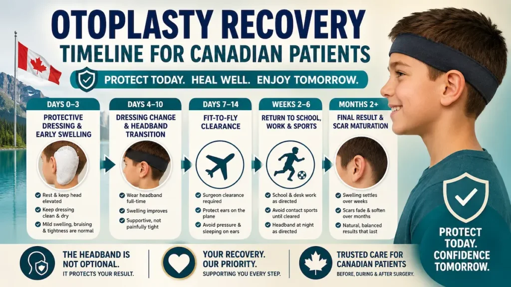 Otoplasty recovery timeline infographic showing headband use, fit-to-fly clearance and healing stages