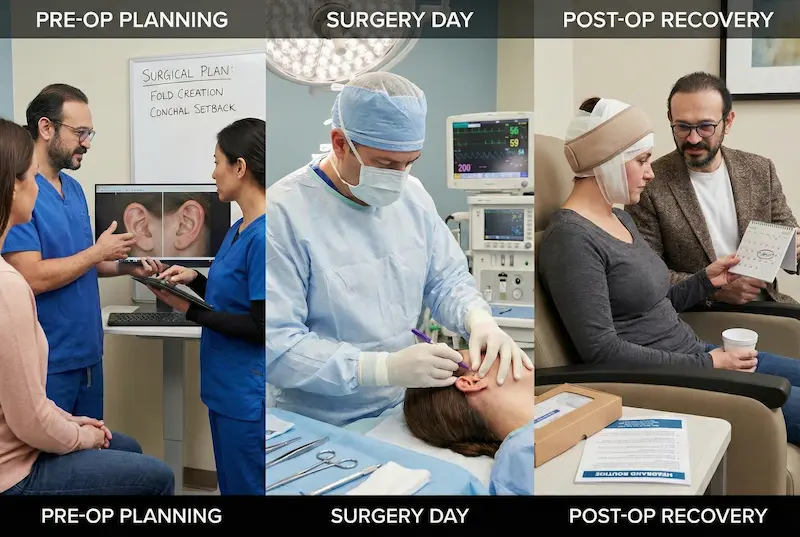 Otoplasty (Ear Surgery) step-by-step photo showing pre-op planning, surgery day technique, and post-op recovery care.