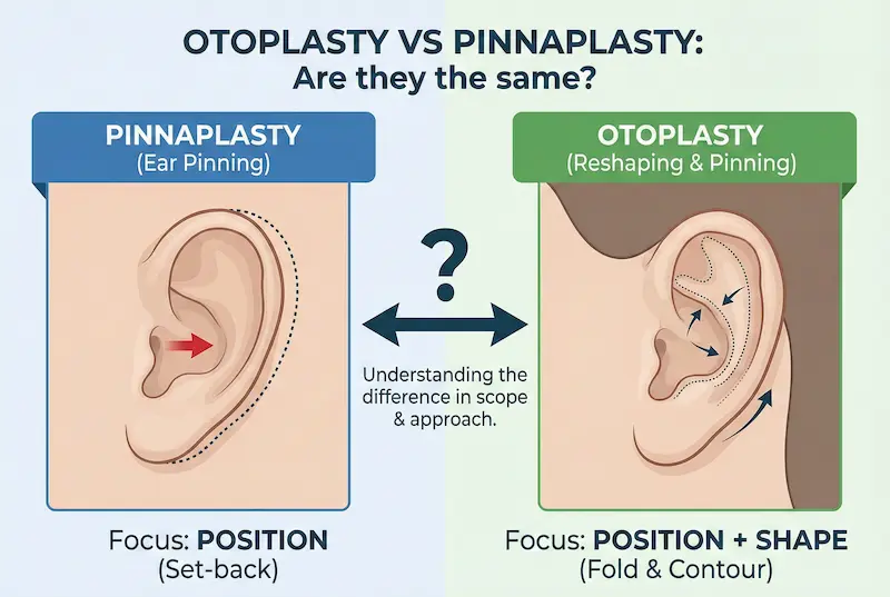 Otoplasty vs pinnaplasty infographic explaining ear pinning (position) versus reshaping plus pinning (fold and contour).