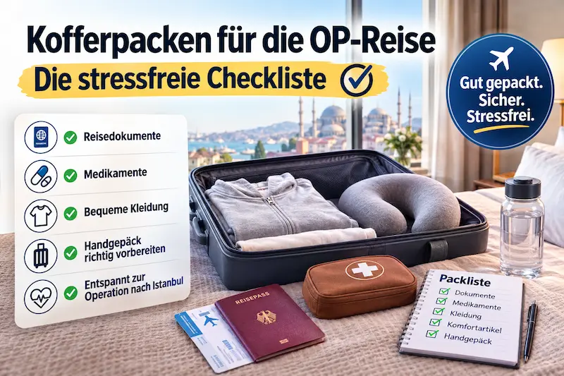 OP Reise Checkliste mit Reisepass, Medikamenten, bequemer Kleidung und Handgepäck für eine Operation in Istanbul.
