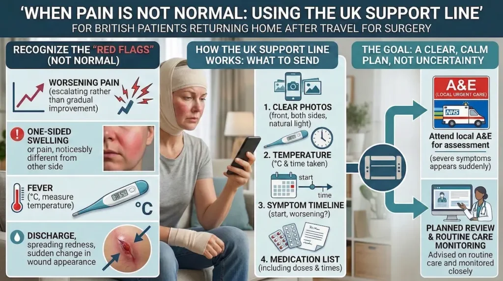 Pain management after facelift infographic showing red flags (worsening pain, one-sided swelling, fever in °C, discharge) and how to use the UK support line.