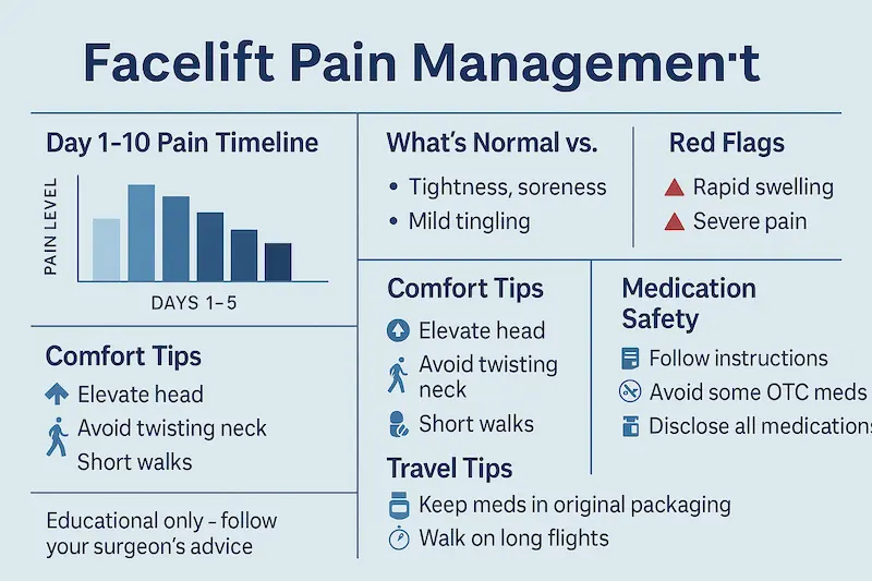 Pain after facelift infographic showing day 1–10 pain timeline, what’s normal vs red flags, comfort tips, medication safety, and travel tips.