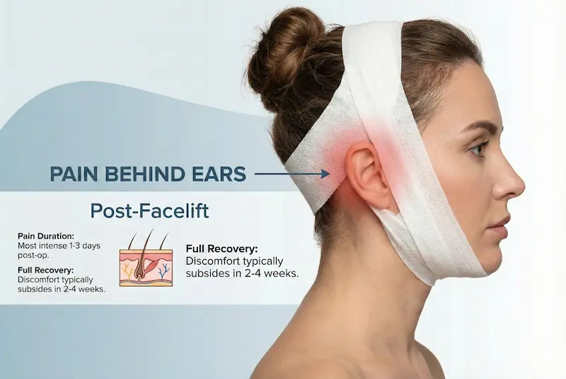 Pain behind ears after facelift illustration showing a woman wearing a post-facelift bandage with highlighted ear-area discomfort and recovery timeline notes.