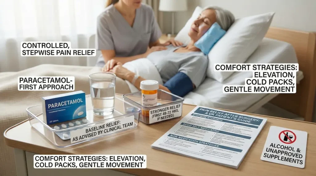 UK recovery bedside scene showing a paracetamol-first plan and comfort tips, explaining Is Awake Facelift Painful after surgery and how pain relief is managed safely.