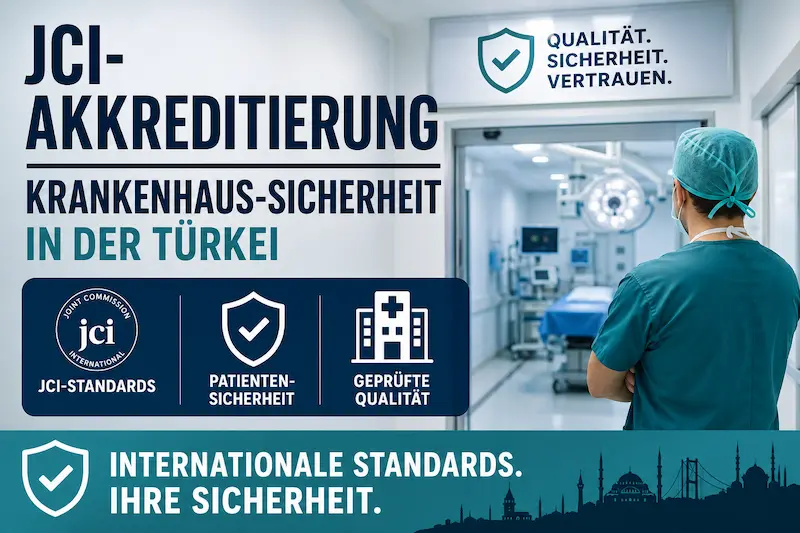 JCI Akkreditierung Krankenhaus Sicherheit: OP-Bereich in der Türkei mit medizinischem Personal und Symbolen für Patientenschutz