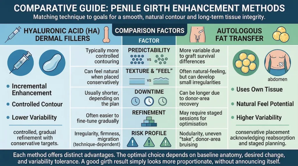 Penis Enlargement girth enhancement infographic comparing hyaluronic acid fillers vs autologous fat transfer, downtime, predictability, and risks.