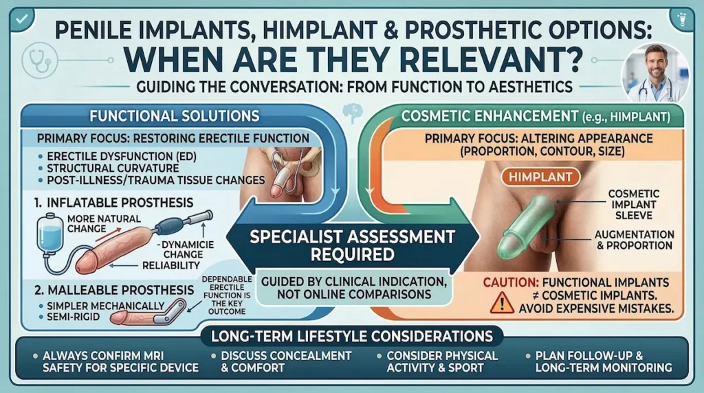 Penis Enlargement infographic comparing penile prosthesis types and himplant cosmetic implant sleeve, highlighting indications, MRI safety, and follow-up.