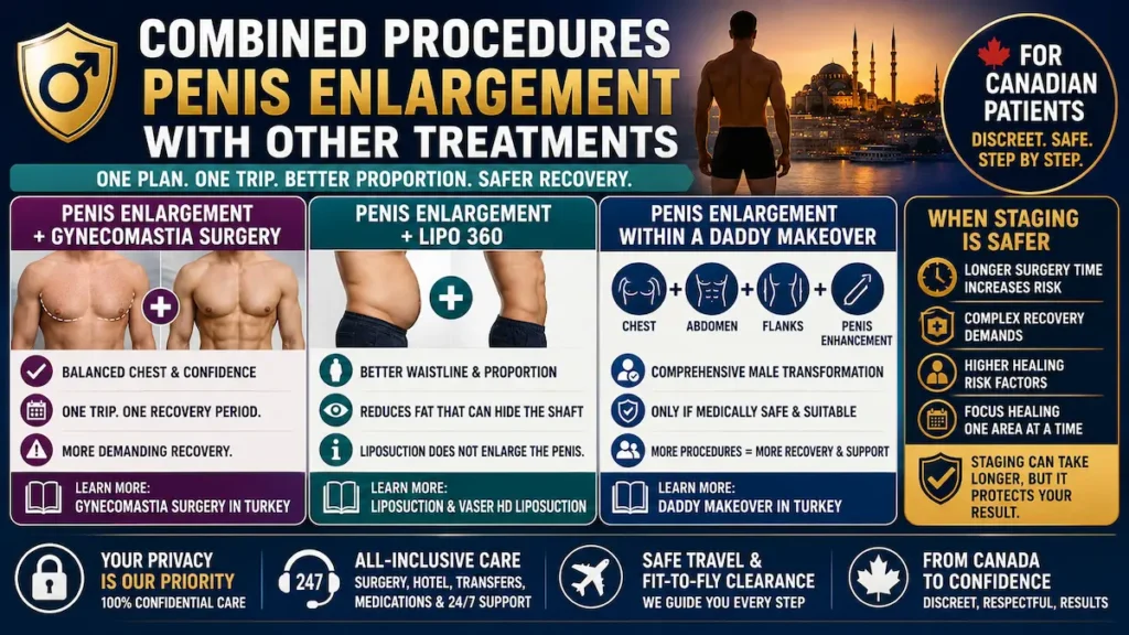 Penis enlargement combined procedures infographic showing gynecomastia surgery, Lipo 360, and Daddy Makeover options.