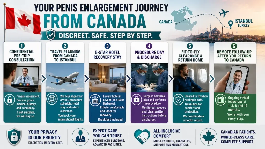 Penis enlargement journey from Canada to Turkey showing consultation, travel, hotel recovery, surgery, fit-to-fly clearance, and follow-up.