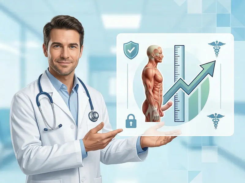 Penis Enlargement procedure illustration with doctor, growth chart, ruler and safety icons for clinical guidance.