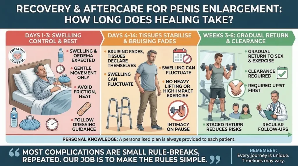 Penis Enlargement recovery and aftercare infographic showing healing timeline, swelling control, activity restrictions, and follow-up clearance.