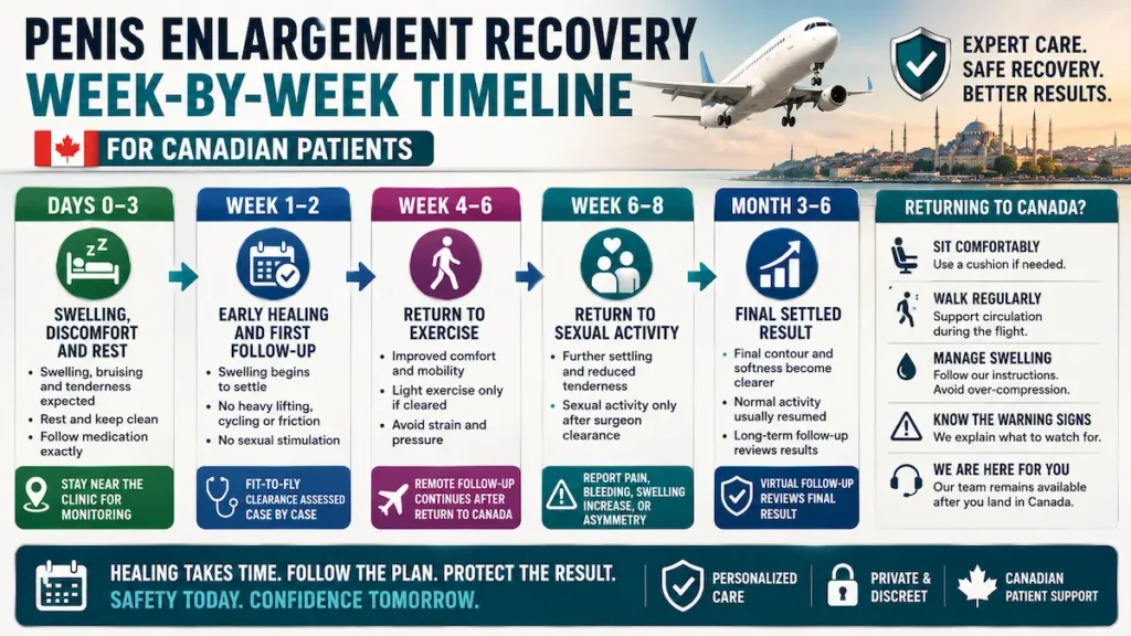 Penis enlargement recovery timeline showing week-by-week healing, fit-to-fly guidance, and follow-up for Canadian patients.