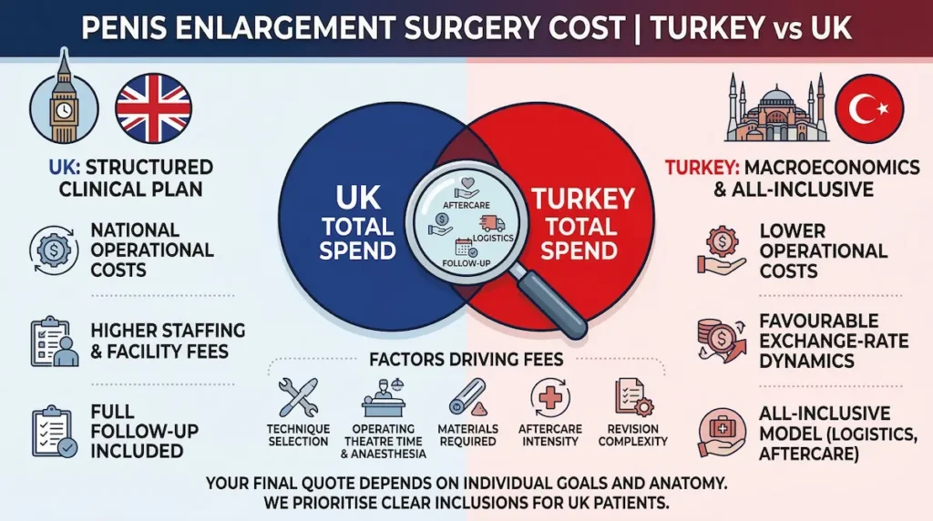Penis Enlargement surgery cost infographic comparing Turkey vs UK total spend, fee drivers, aftercare, logistics, and follow-up inclusions.