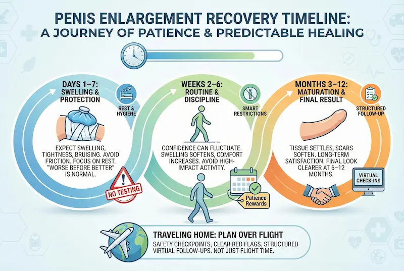 Penis Enlargement recovery timeline infographic: days 1–7, weeks 2–6, months 3–12, travel planning and follow-up