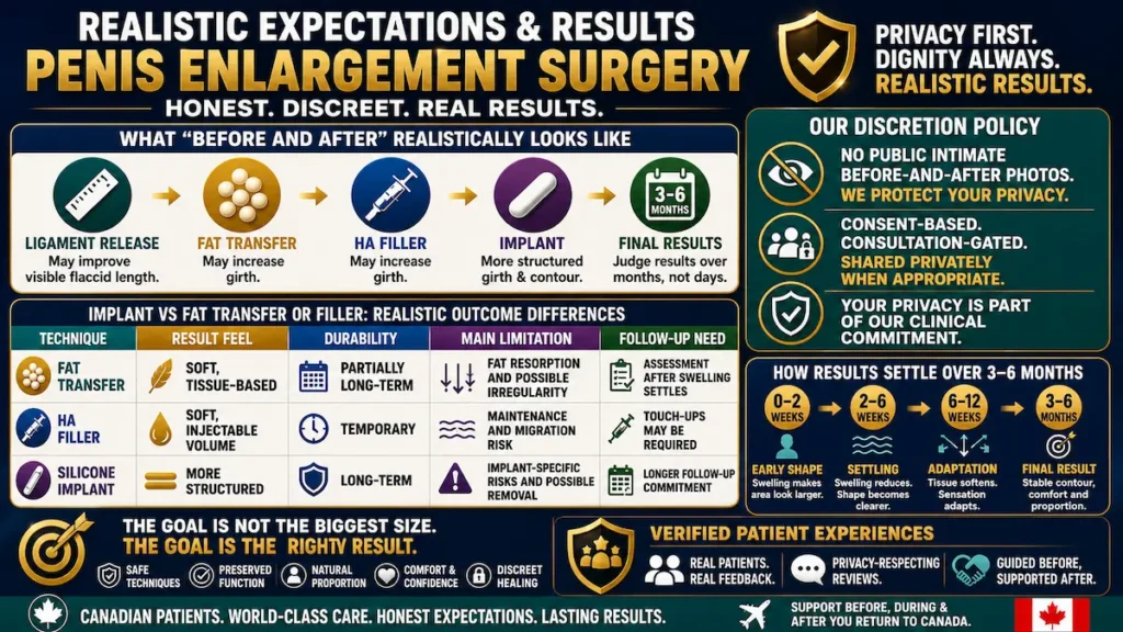 Penis enlargement surgery results infographic explaining realistic outcomes, privacy, fat transfer, filler, and implant options.
