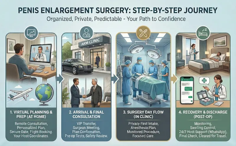 Penis Enlargement surgery step-by-step infographic: virtual planning, consult, surgery day, recovery & discharge.