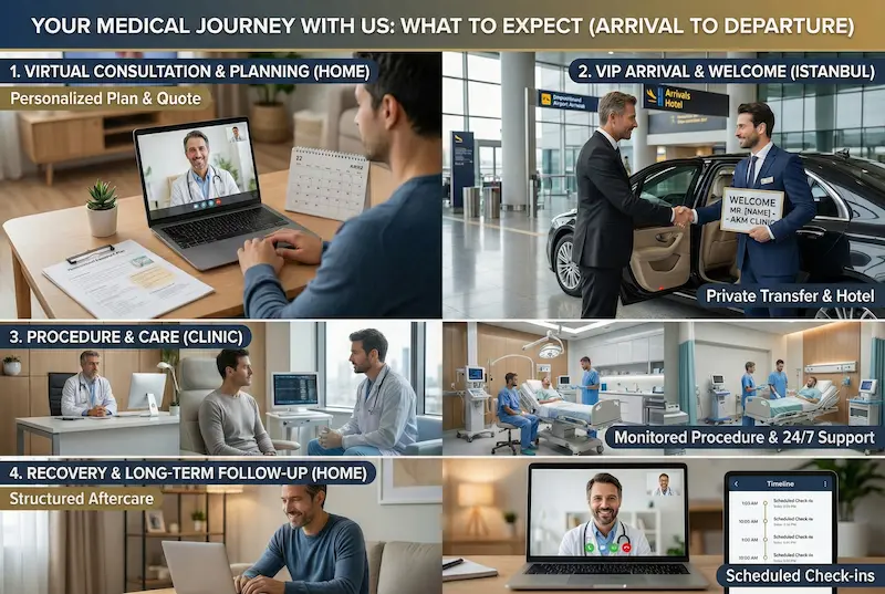 Penis Enlargement surgery Turkey infographic: virtual consult, VIP arrival, clinic procedure, recovery and scheduled follow-ups