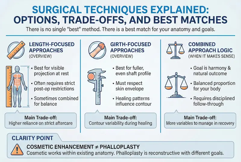Penis Enlargement surgical techniques infographic: length-focused, girth-focused, and combined approach trade-offs
