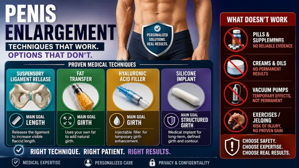 Penis enlargement techniques infographic comparing length surgery, girth options, implants, and treatments that do not work.