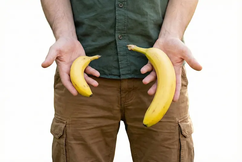Penis Enlargement concept: man holding small and large bananas to illustrate size comparison