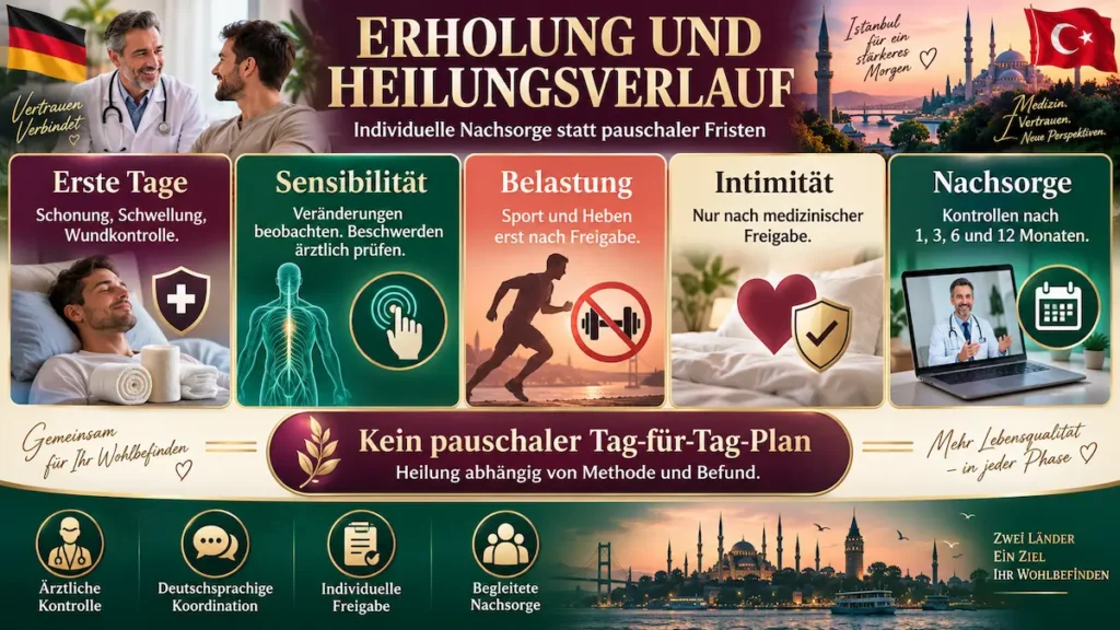 Penisvergrößerung: Erholung und Heilungsverlauf mit Wundkontrolle, Sensibilität, Belastung, Intimität und Nachsorge.