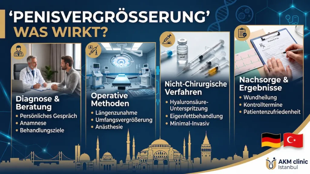 Penisvergrößerung: Übersicht zu Beratung, operativen Methoden, Hyaluronsäure, Eigenfett und strukturierter Nachsorge in Istanbul.