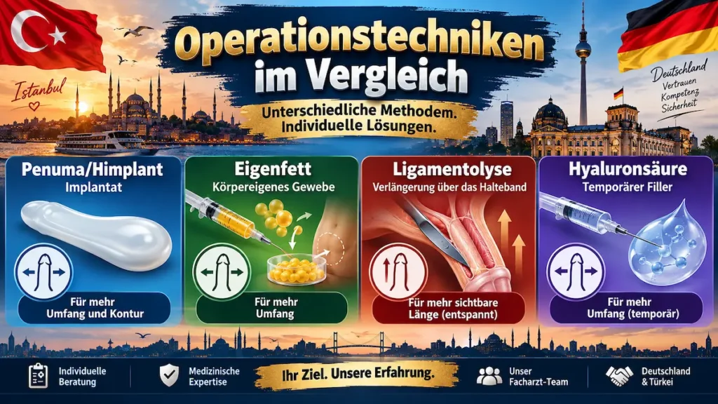 Penisvergrößerung: Vergleich von Penuma/Himplant, Eigenfett, Ligamentolyse und Hyaluronsäure für Länge oder Umfang.