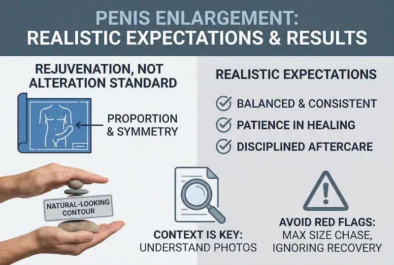 Phalloplasty results infographic: realistic expectations, proportion & symmetry, disciplined aftercare, red flags