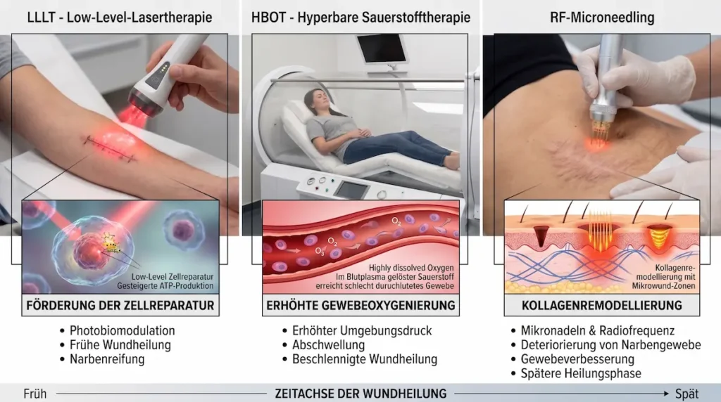 Narben minimieren LLLT Laser: Vergleich von LLLT, HBOT und RF-Microneedling während verschiedener Phasen der Wundheilung.