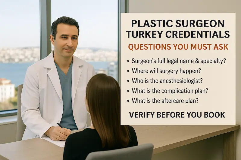 Plastic Surgeon Turkey Credentials Questions You Must Ask — surgeon consult with a patient in a modern Istanbul clinic, with an on-image checklist about verifying legal name, hospital, anesthesiologist, complications, and aftercare.