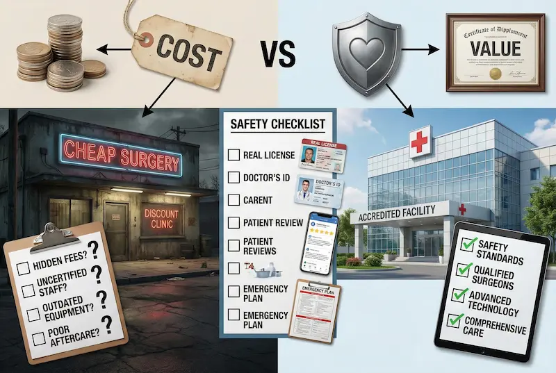 Plastic Surgery Cost vs Value infographic: cheap clinic risks (hidden fees, uncertified staff) vs accredited facility checklist.