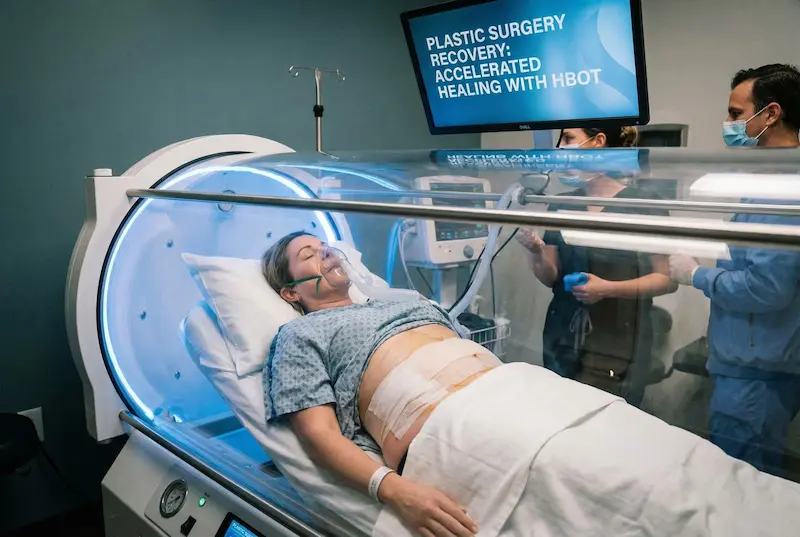 Hyperbaric oxygen therapy after plastic surgery: patient in HBOT chamber for post-op recovery support and healing.