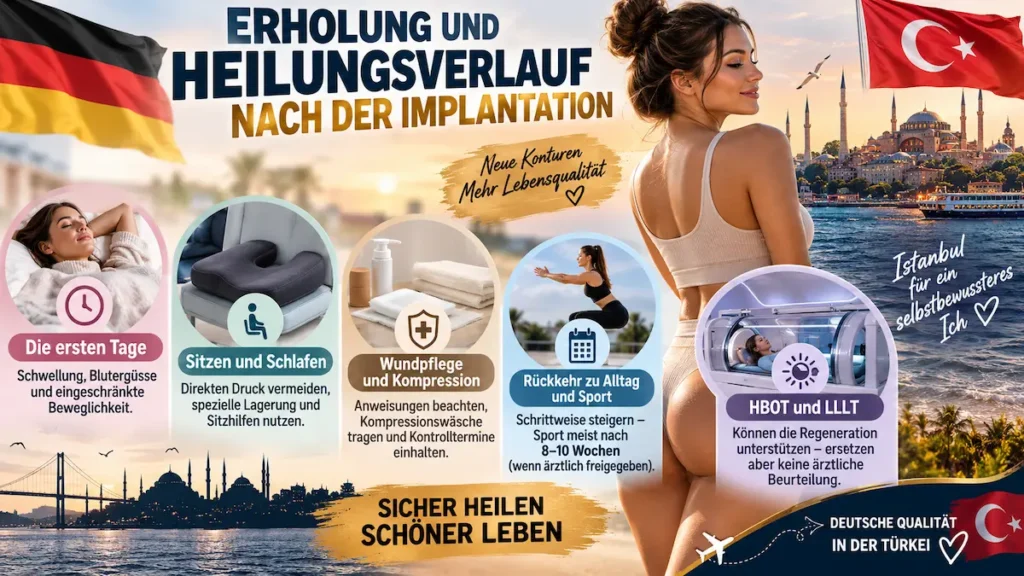 Po-Implantate: Infografik zum Heilungsverlauf mit Sitzen, Schlafen, Wundpflege, Sport sowie HBOT und LLLT nach der Implantation.