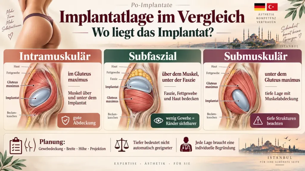 Po-Implantate: Vergleich der intramuskulären, subfaszialen und submuskulären Implantatlage im Gesäß.